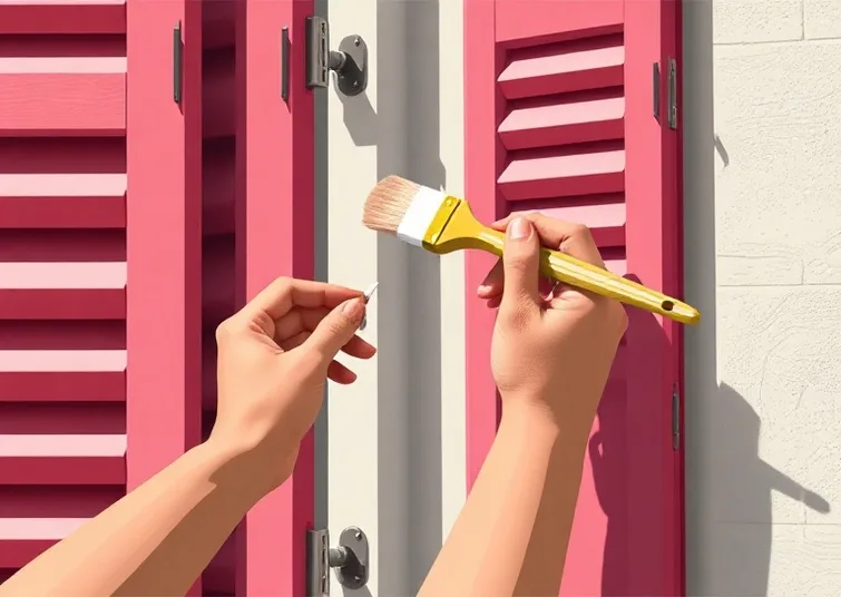 Mise en peinture au pinceau de volets et d'encadrements en bois