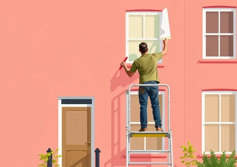 Peintre sur échafaudage traitant la façade d'une maison