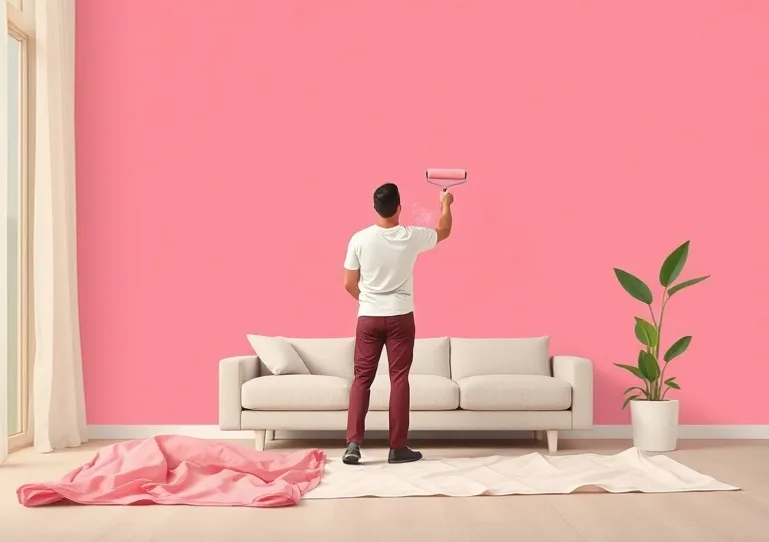 Peintre appliquant la peinture au rouleau sur un mur de salon